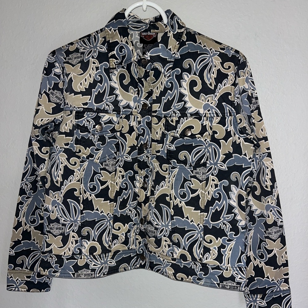 Harley-Davidson Women's Patterned Jean Jacket - Black and Cream